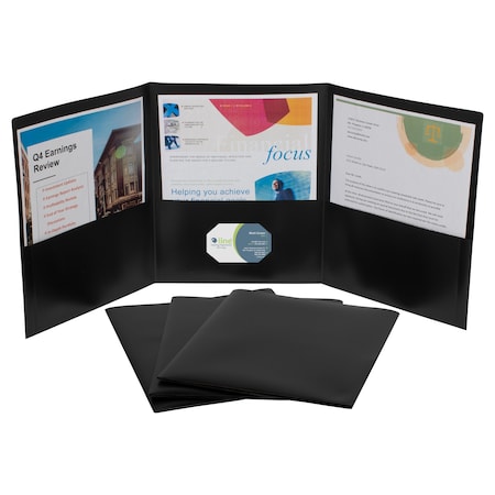 C-Line Products 8-1/2" x 11" Black Heavyweight 3-Pocket Poly Portfolios, 24EA/BX, 6BX/CT 33941-BX